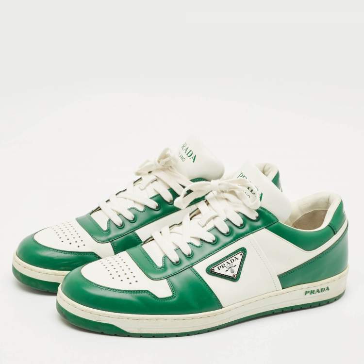 Pre Owned Prada White/Green Leather Downtown Low Top Sneakers Size 45
