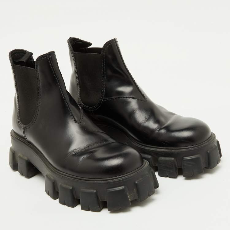 Pre Owned Prada Black Brushed Leather Monolith Platform Chelsea Boots Size 41