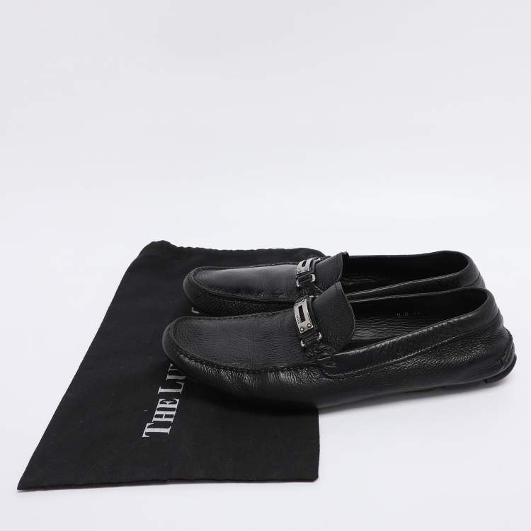 Pre Owned Prada Black Leather Logo Slip On Loafers Size 46