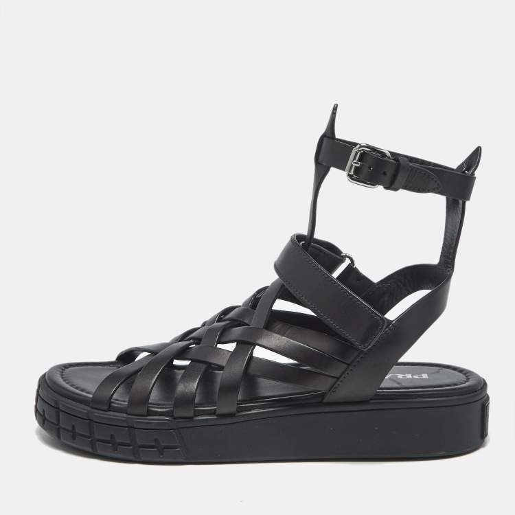 Pre Owned Prada Black Leather Gladiator Flat Sandals Size 40