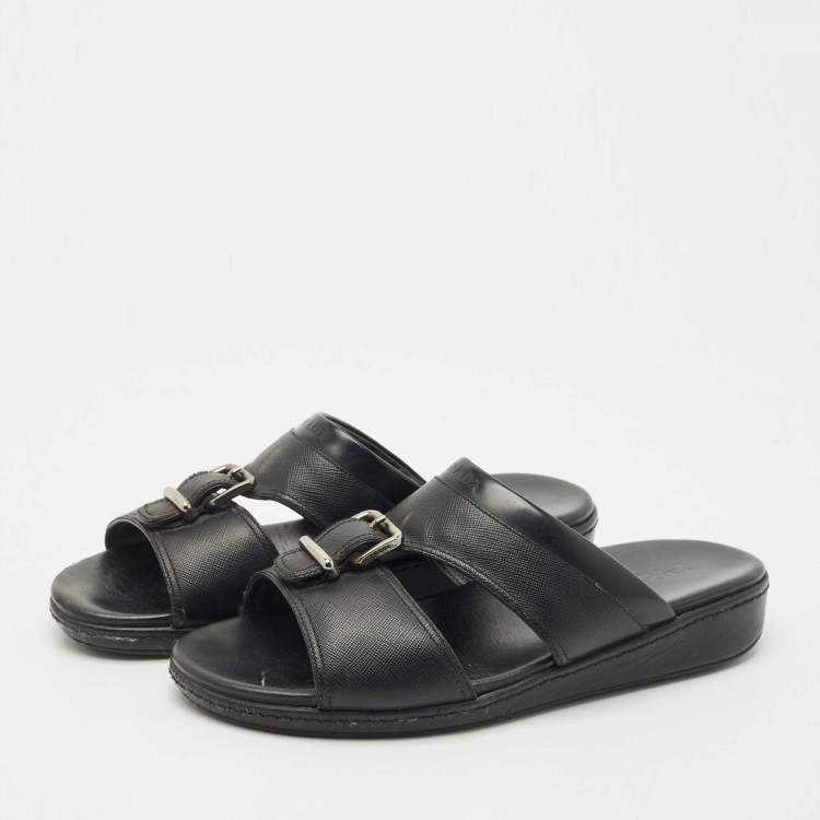 Pre Owned Prada Black Saffiano Leather Buckle Slide Flat Sandals Size 41