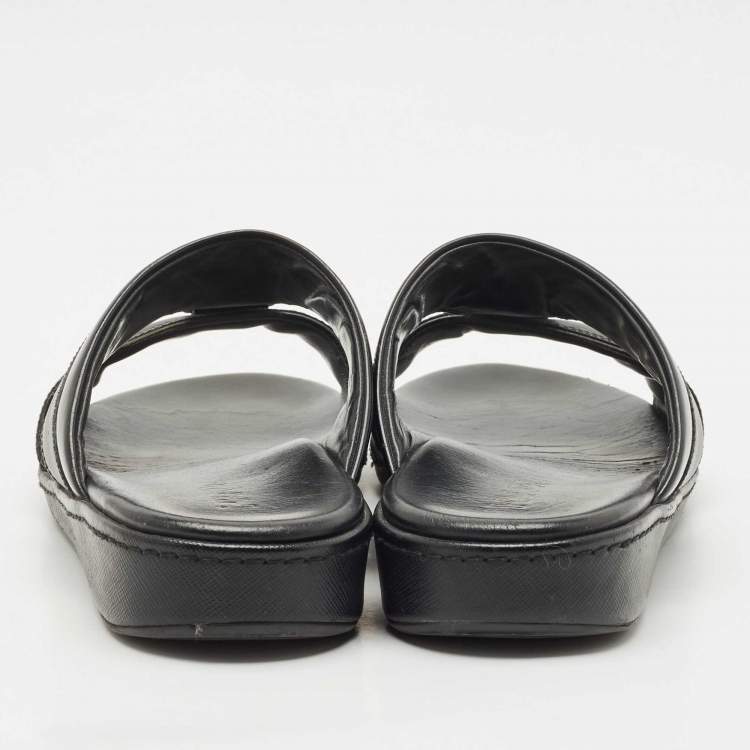 Pre Owned Prada Black Saffiano Leather Buckle Slide Flat Sandals Size 41