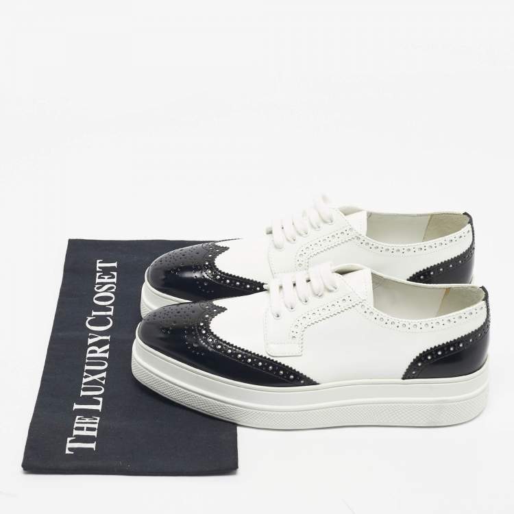 Pre Owned Prada Black/White Ombre Brogue Leather Lace Up Derby Sneakers Size 38