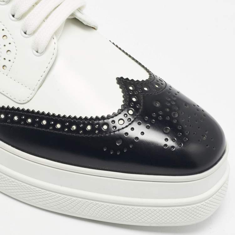 Pre Owned Prada Black/White Ombre Brogue Leather Lace Up Derby Sneakers Size 38