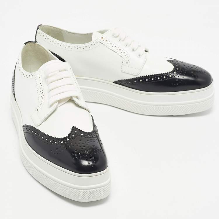 Pre Owned Prada Black/White Ombre Brogue Leather Lace Up Derby Sneakers Size 38