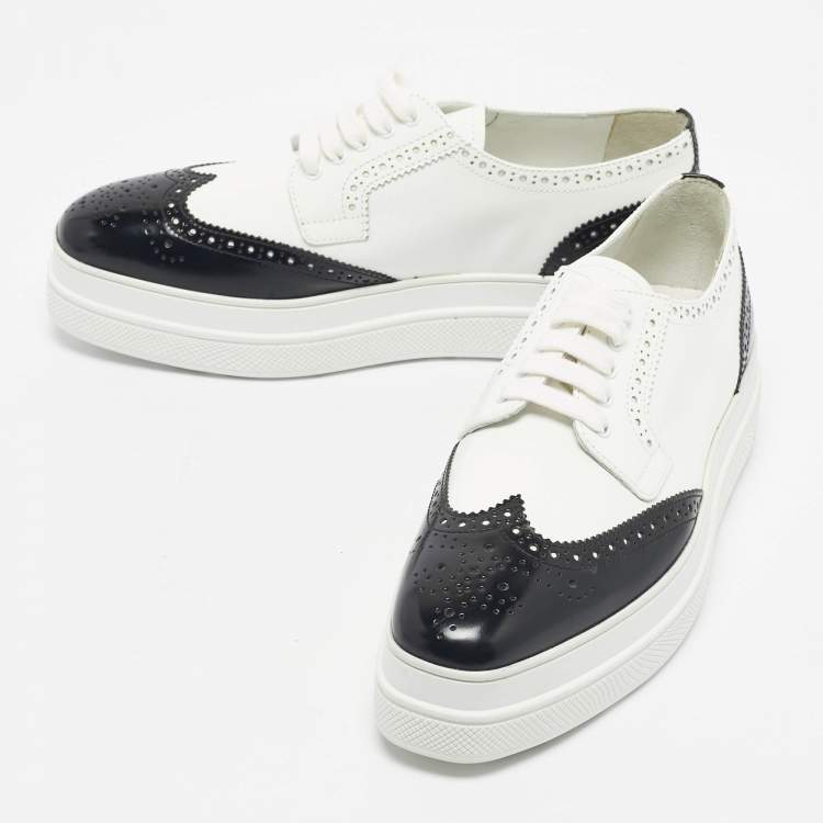 Pre Owned Prada Black/White Ombre Brogue Leather Lace Up Derby Sneakers Size 38