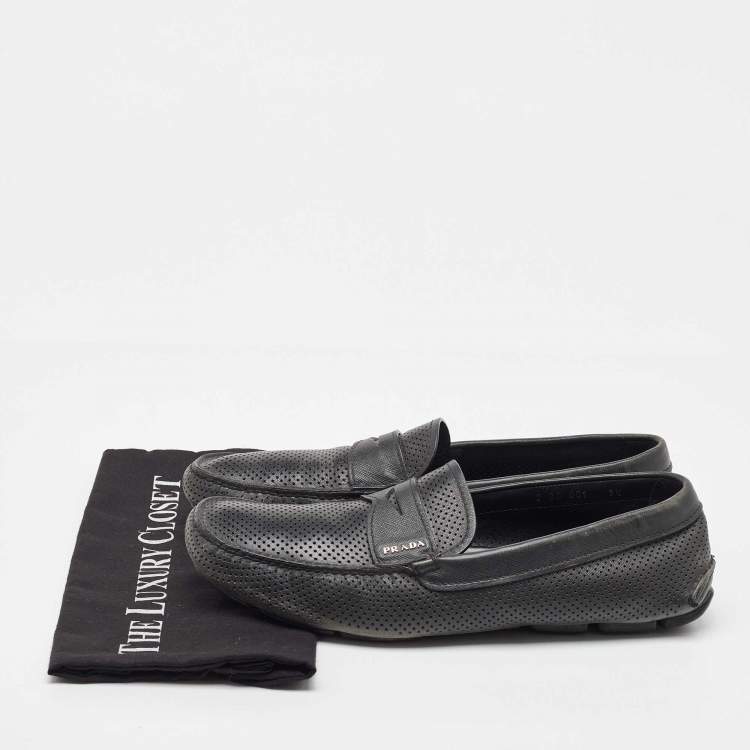 Pre Owned Prada Dark Grey Perforated Leather Slip On Loafers Size 43.5