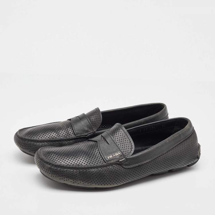 Pre Owned Prada Dark Grey Perforated Leather Slip On Loafers Size 43.5