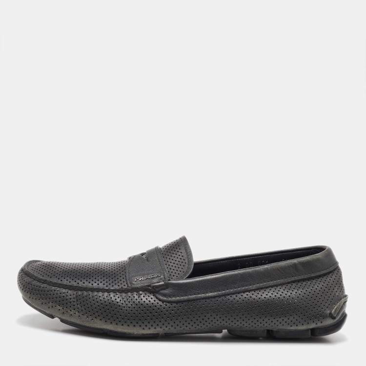 Pre Owned Prada Dark Grey Perforated Leather Slip On Loafers Size 43.5