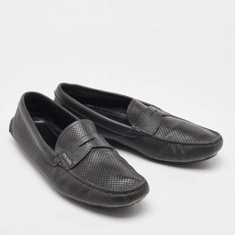 Pre Owned Prada Dark Grey Perforated Leather Slip On Loafers Size 43.5