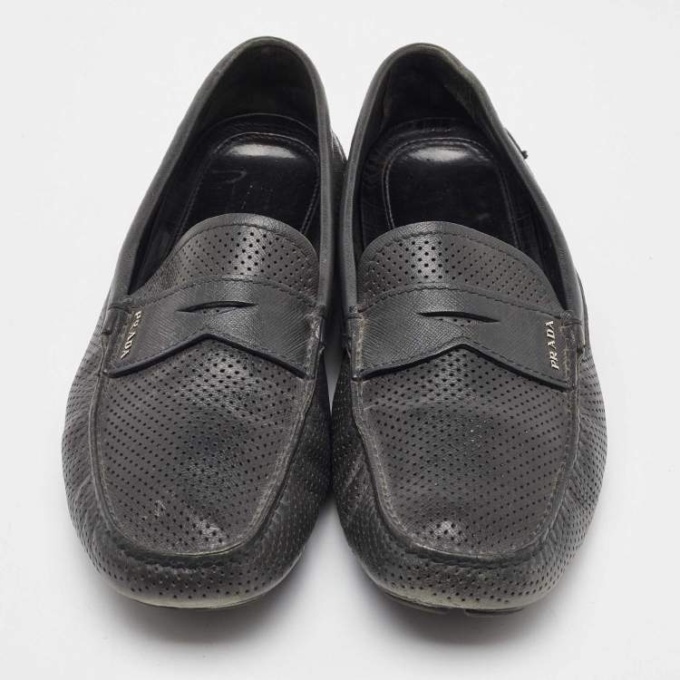 Pre Owned Prada Dark Grey Perforated Leather Slip On Loafers Size 43.5
