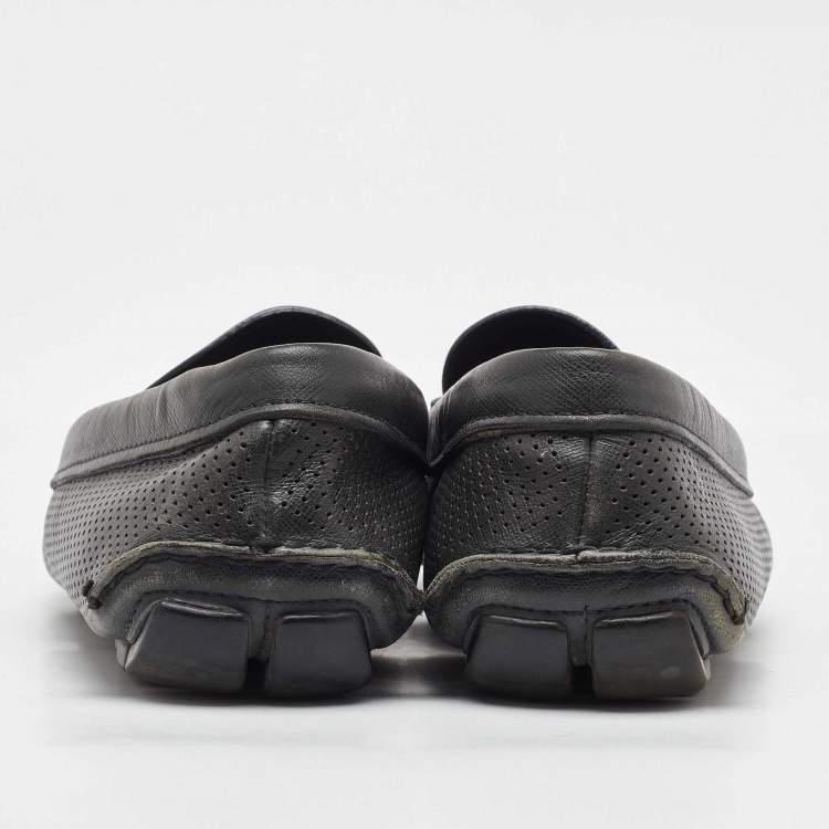 Pre Owned Prada Dark Grey Perforated Leather Slip On Loafers Size 43.5