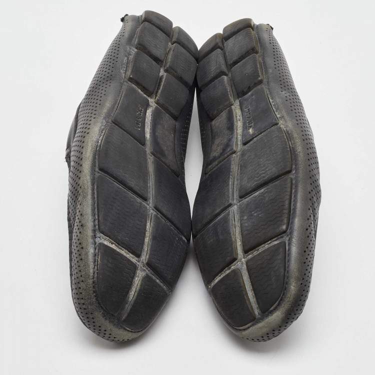 Pre Owned Prada Dark Grey Perforated Leather Slip On Loafers Size 43.5