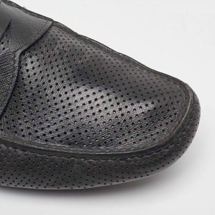 Pre Owned Prada Dark Grey Perforated Leather Slip On Loafers Size 43.5