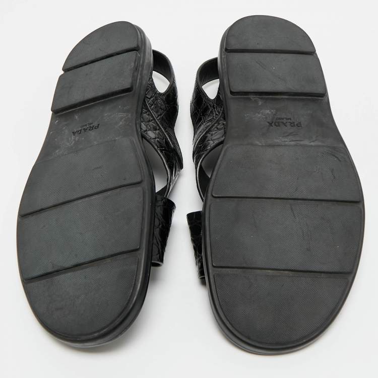 Pre Owned Prada Black Croc Embossed Leather Crisscross Flat Sandals Size 44