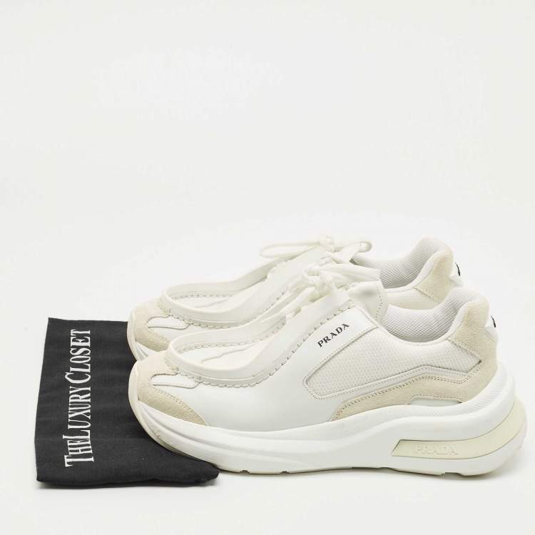 Pre Owned Prada White Fabric and Leather Systeme Lace Up Sneakers Size 41