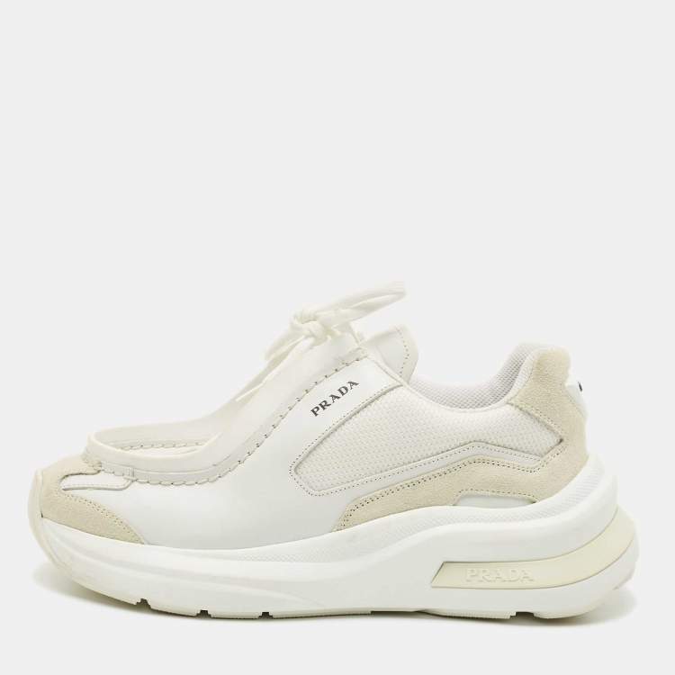 Pre Owned Prada White Fabric and Leather Systeme Lace Up Sneakers Size 41