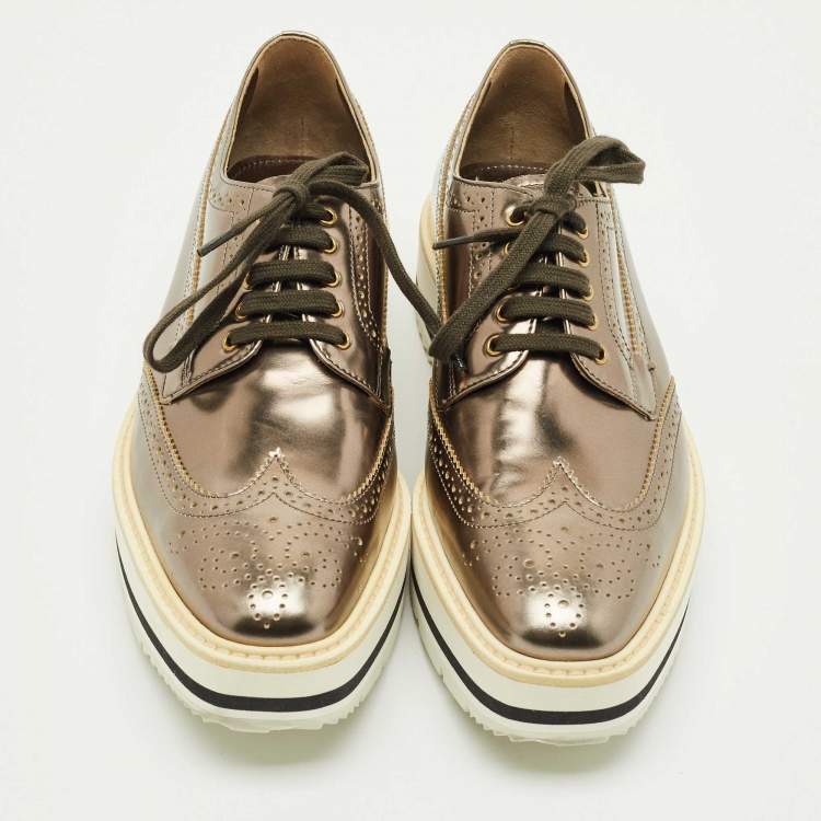 Pre Owned Prada Metallic Brogue Leather Derby Lace Up Sneakers Size 39.5