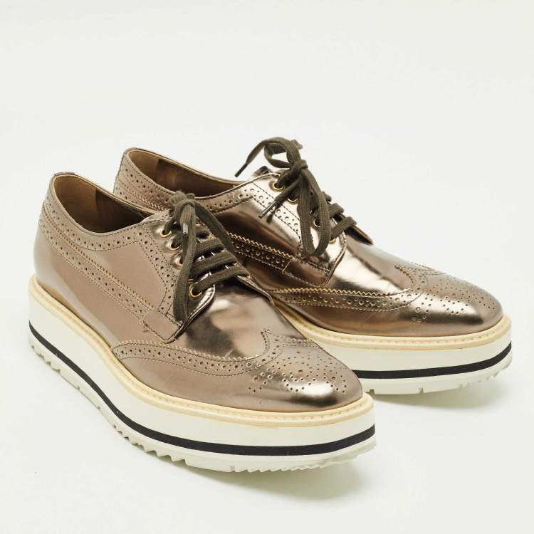 Pre Owned Prada Metallic Brogue Leather Derby Lace Up Sneakers Size 39.5
