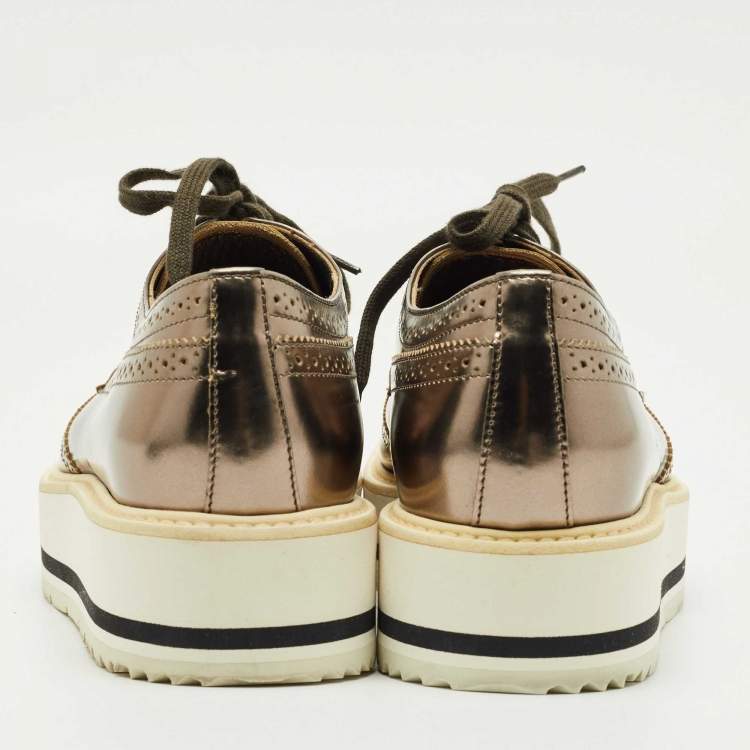 Pre Owned Prada Metallic Brogue Leather Derby Lace Up Sneakers Size 39.5