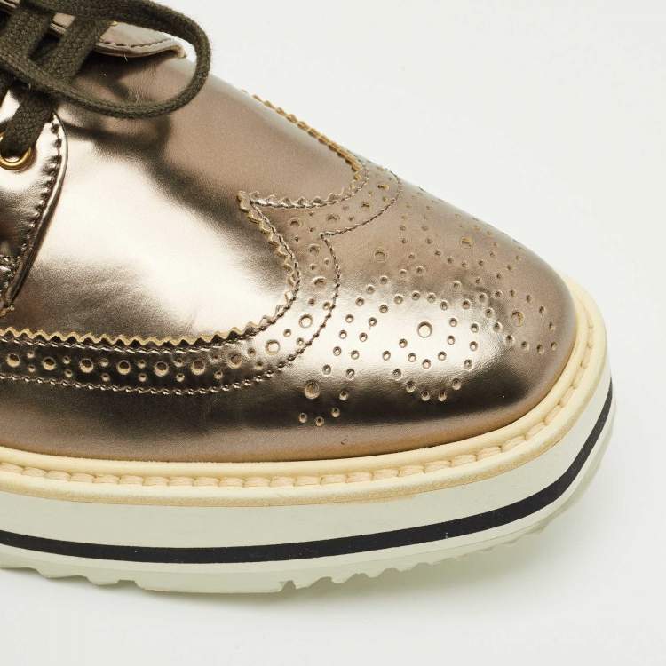 Pre Owned Prada Metallic Brogue Leather Derby Lace Up Sneakers Size 39.5