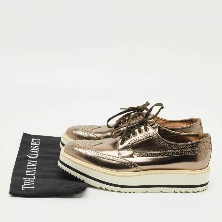 Pre Owned Prada Metallic Brogue Leather Derby Lace Up Sneakers Size 39.5