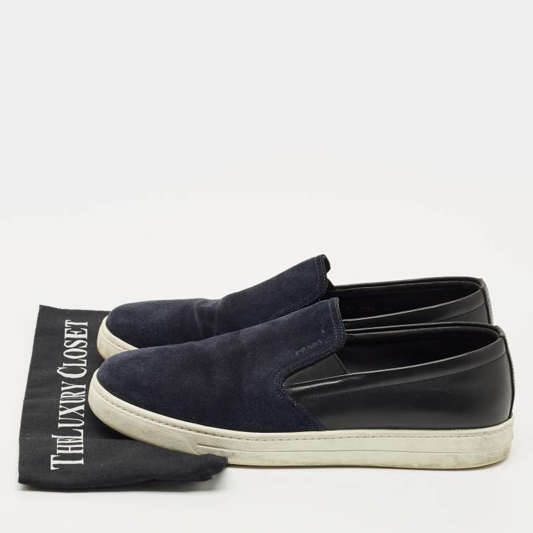 Pre Owned Prada Navy Blue Leather and Suede Slip On Sneakers Size 41.5