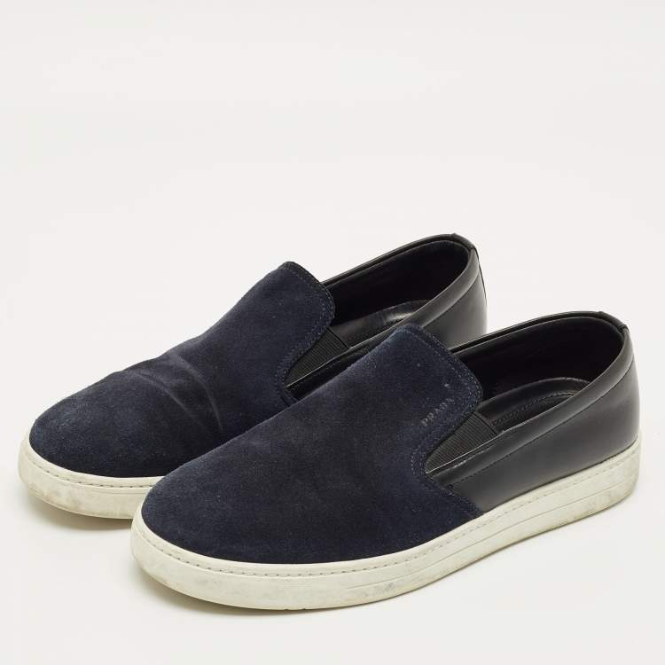Pre Owned Prada Navy Blue Leather and Suede Slip On Sneakers Size 41.5