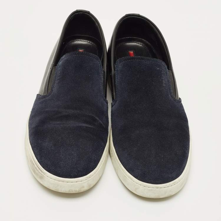 Pre Owned Prada Navy Blue Leather and Suede Slip On Sneakers Size 41.5