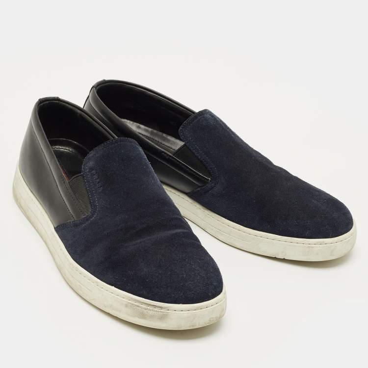Pre Owned Prada Navy Blue Leather and Suede Slip On Sneakers Size 41.5