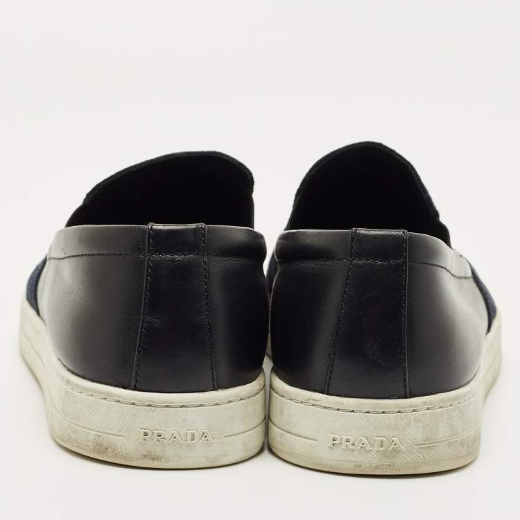 Pre Owned Prada Navy Blue Leather and Suede Slip On Sneakers Size 41.5