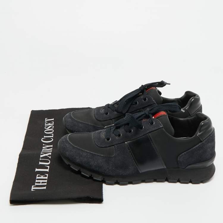 Pre Owned Prada Black/Navy Blue Canvas and Leather Match Racer Lace Up Sneakers Size 39.5