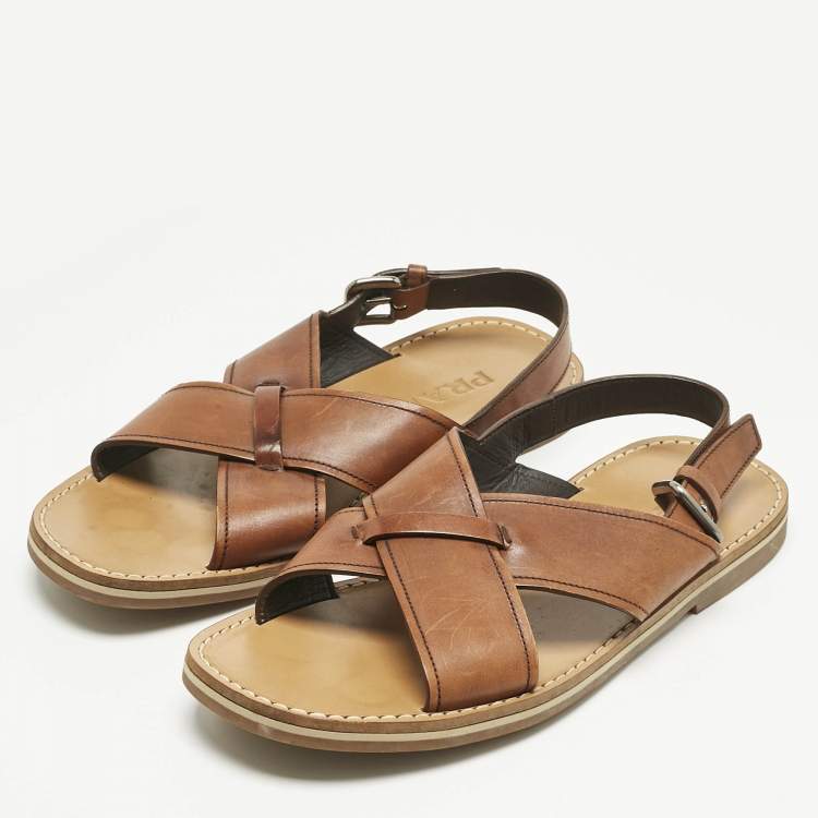 Pre Owned Prada Brown Leather Slingback Flat Sandals Size 41.5