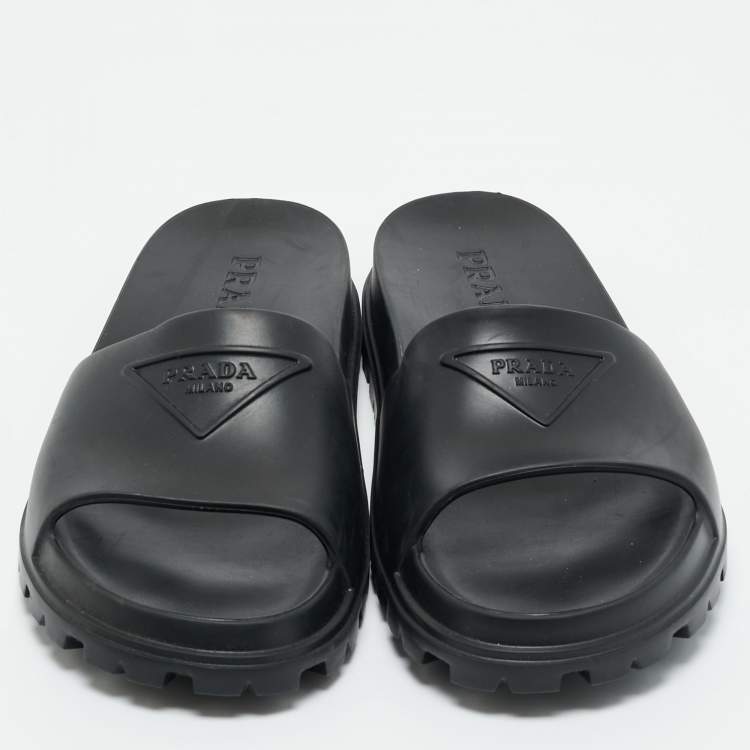 Pre Owned Prada Black Rubber Flat Pool Slide Size 45