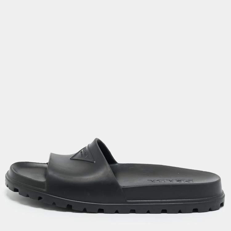 Pre Owned Prada Black Rubber Flat Pool Slide Size 45