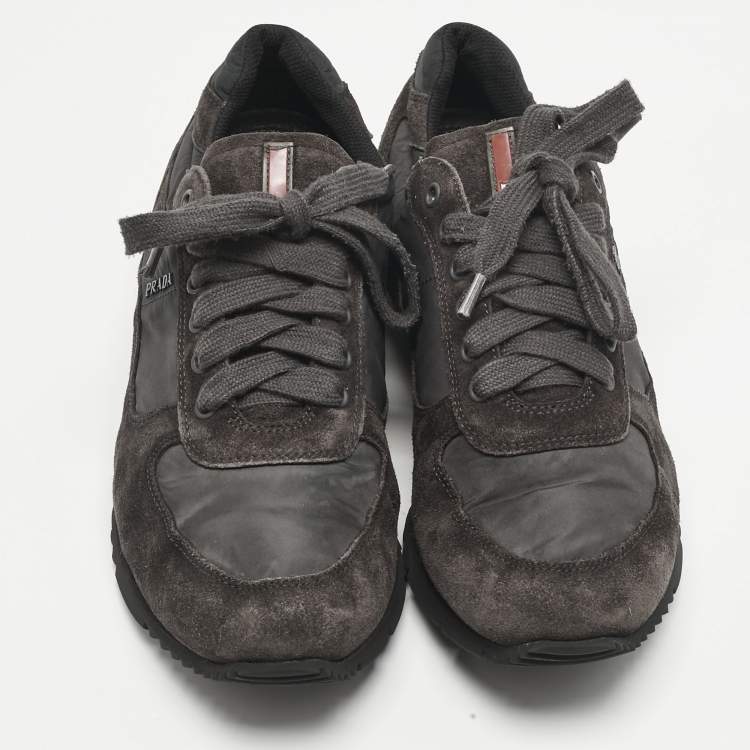 Pre Owned Prada Grey Nylon and Suede Match Racer Lace Up Sneakers Size 43