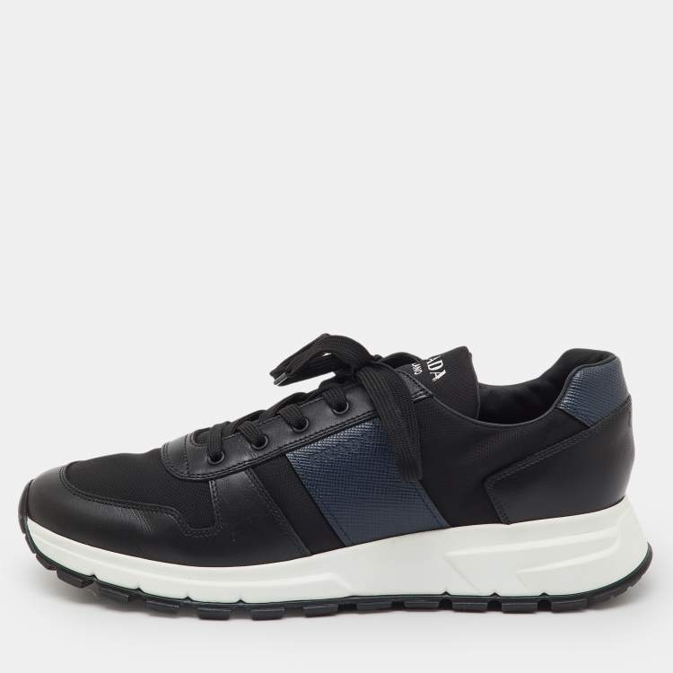 Pre Owned Prada Black/Navy Blue Leather and Nylon Lace Up Sneakers Size 44