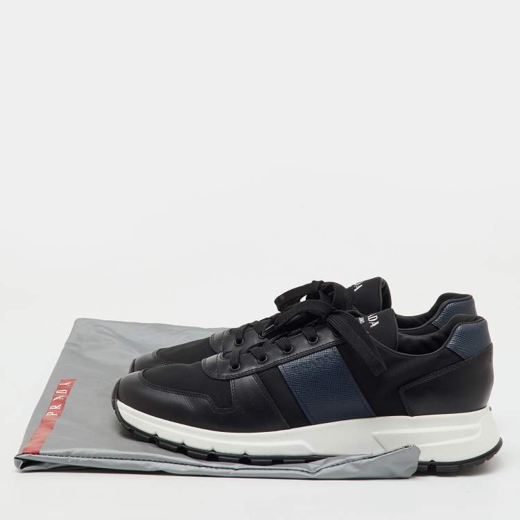 Pre Owned Prada Black/Navy Blue Leather and Nylon Lace Up Sneakers Size 44