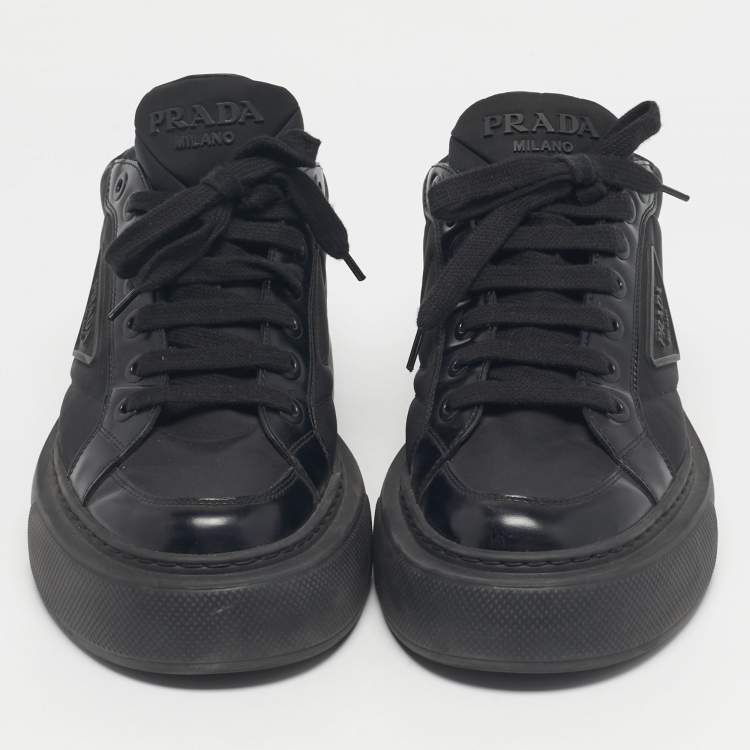 Pre Owned Prada Black Leather And Nylon Deri Erkek Lace Up Sneakers Size 40.5