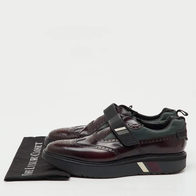 Pre Owned Prada Burgundy Brogue Leather and Fabric Velcro Oxfords Size 43.5