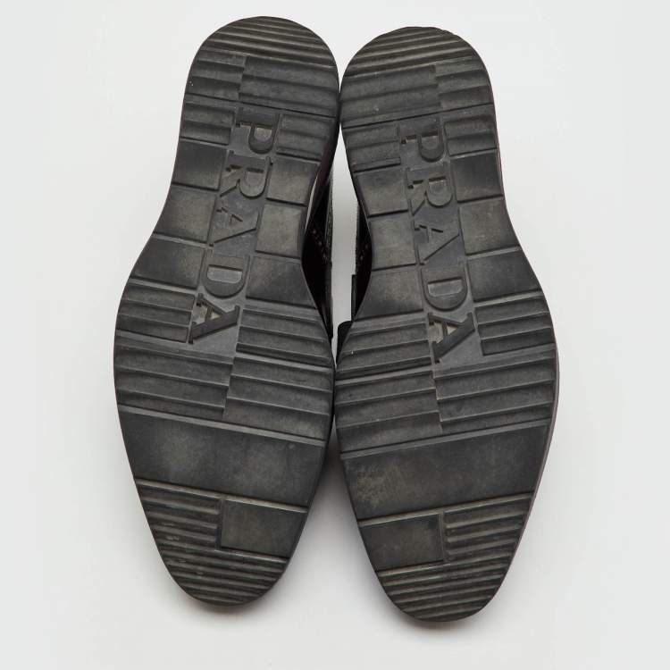 Pre Owned Prada Burgundy Brogue Leather and Fabric Velcro Oxfords Size 43.5