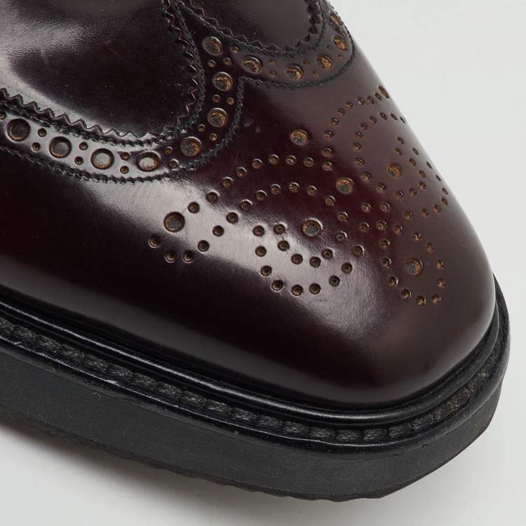 Pre Owned Prada Burgundy Brogue Leather and Fabric Velcro Oxfords Size 43.5