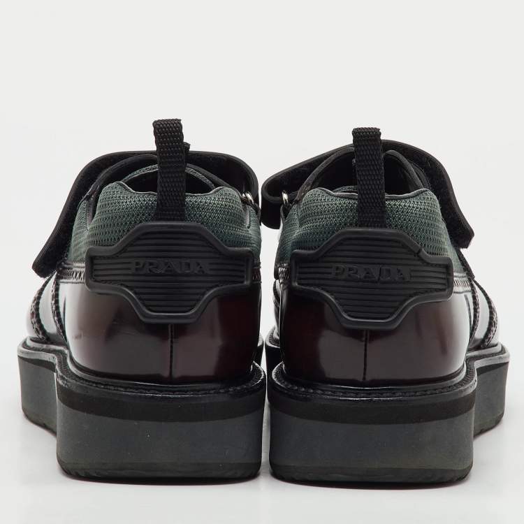 Pre Owned Prada Burgundy Brogue Leather and Fabric Velcro Oxfords Size 43.5