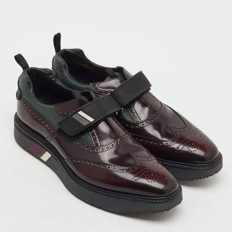 Pre Owned Prada Burgundy Brogue Leather and Fabric Velcro Oxfords Size 43.5