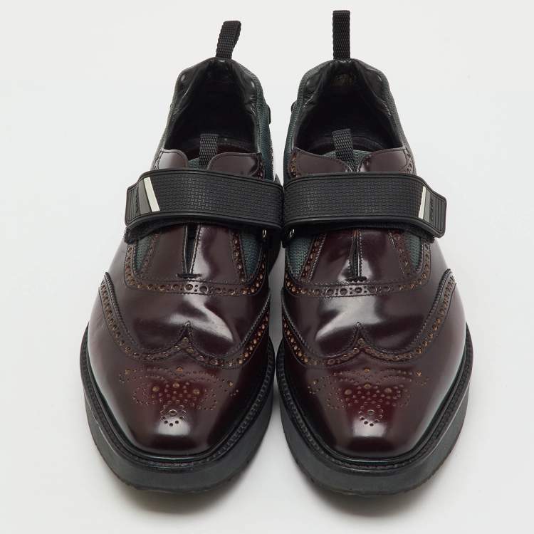 Pre Owned Prada Burgundy Brogue Leather and Fabric Velcro Oxfords Size 43.5