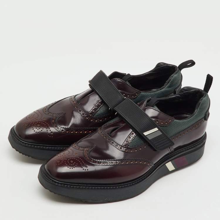 Pre Owned Prada Burgundy Brogue Leather and Fabric Velcro Oxfords Size 43.5