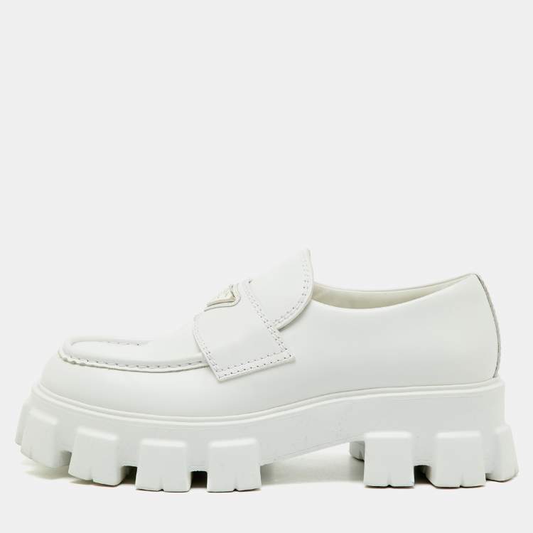 Pre Owned Prada White Brushed Leather Monolith Loafers Size 42.5