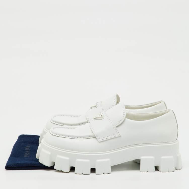 Pre Owned Prada White Brushed Leather Monolith Loafers Size 42.5