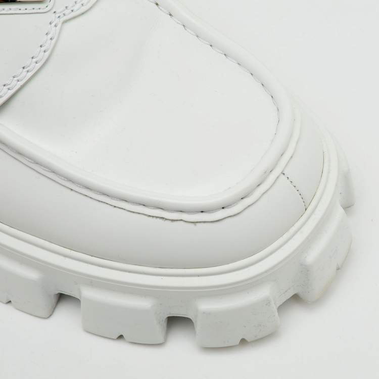 Pre Owned Prada White Brushed Leather Monolith Loafers Size 42.5