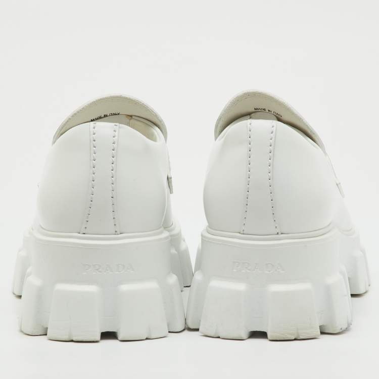 Pre Owned Prada White Brushed Leather Monolith Loafers Size 42.5